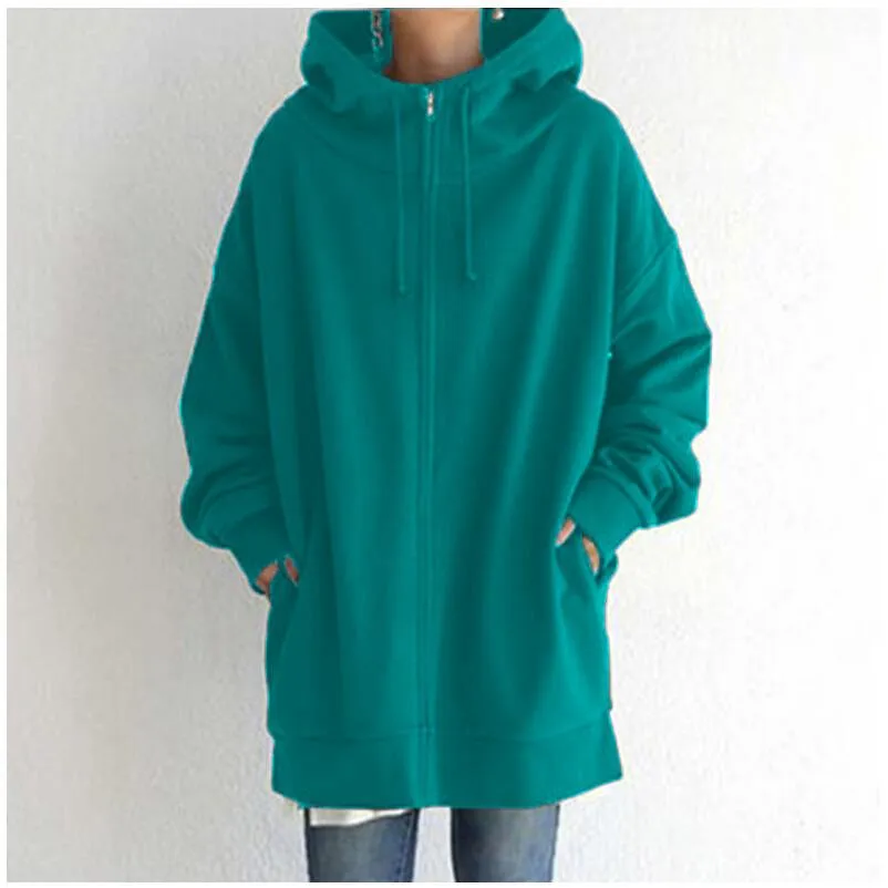 Women long plain street zip up hoodie with pockets