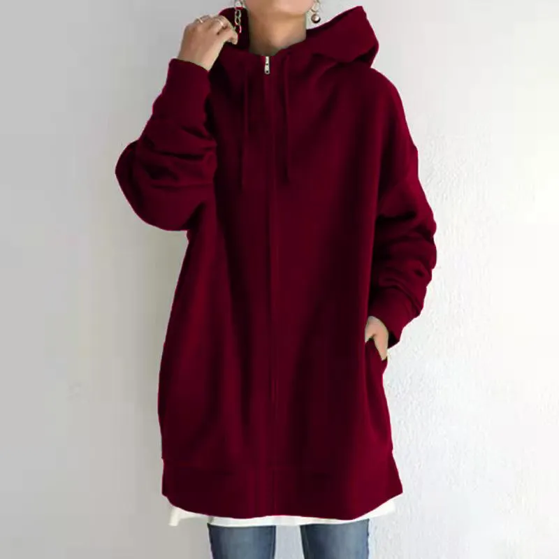 Women long plain street zip up hoodie with pockets