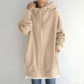 Women long plain street zip up hoodie with pockets