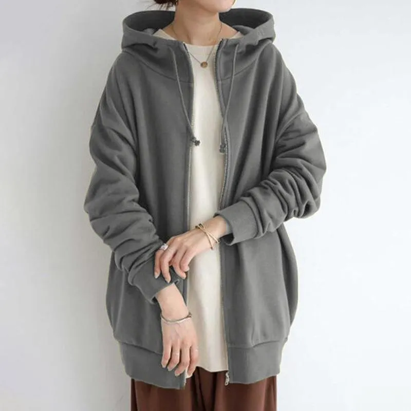 Women long plain street zip up hoodie with pockets