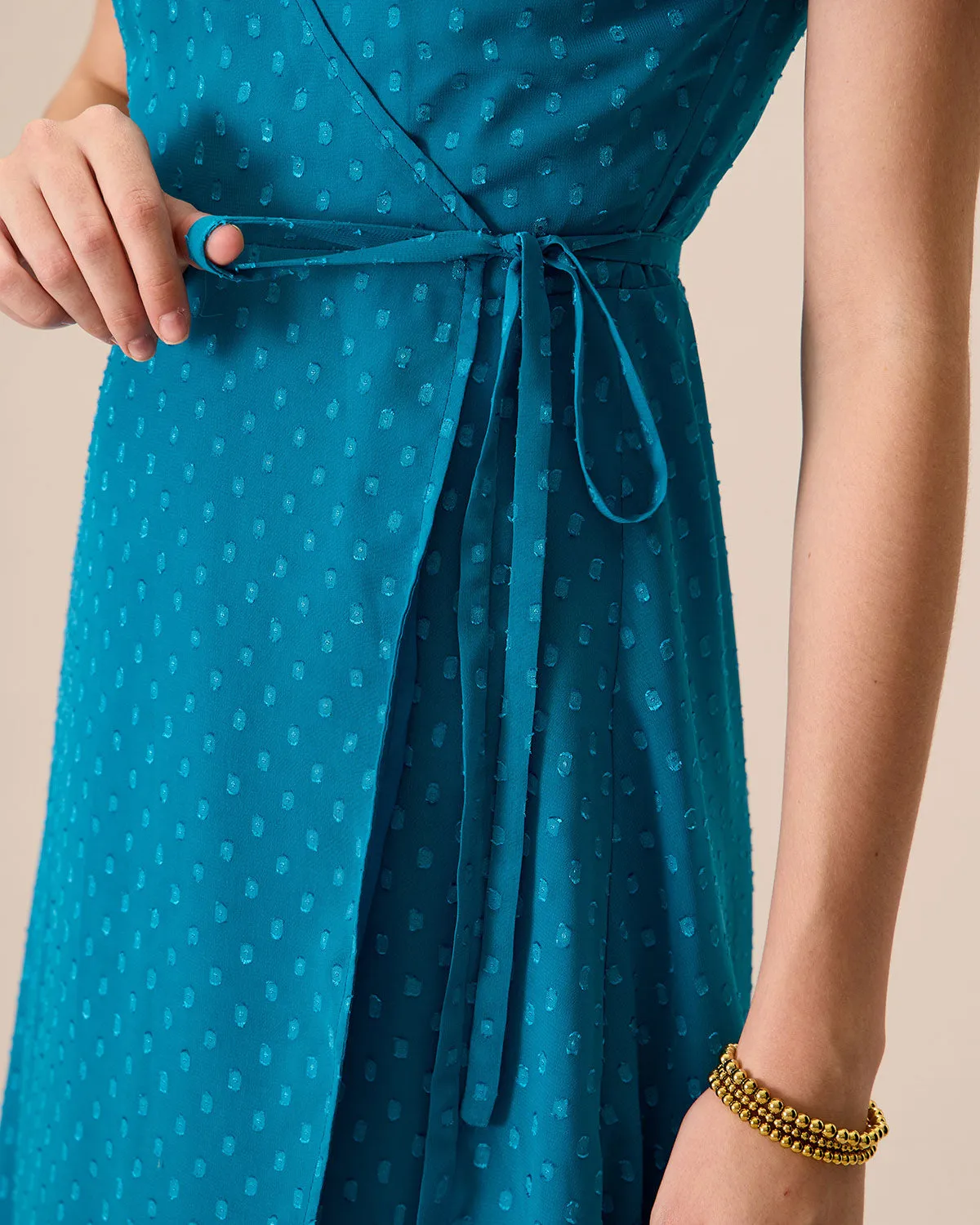 Women's Blue V-Neck Wrap Midi Dress